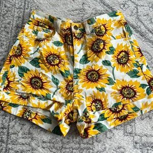 Sunflower print denim shorts
